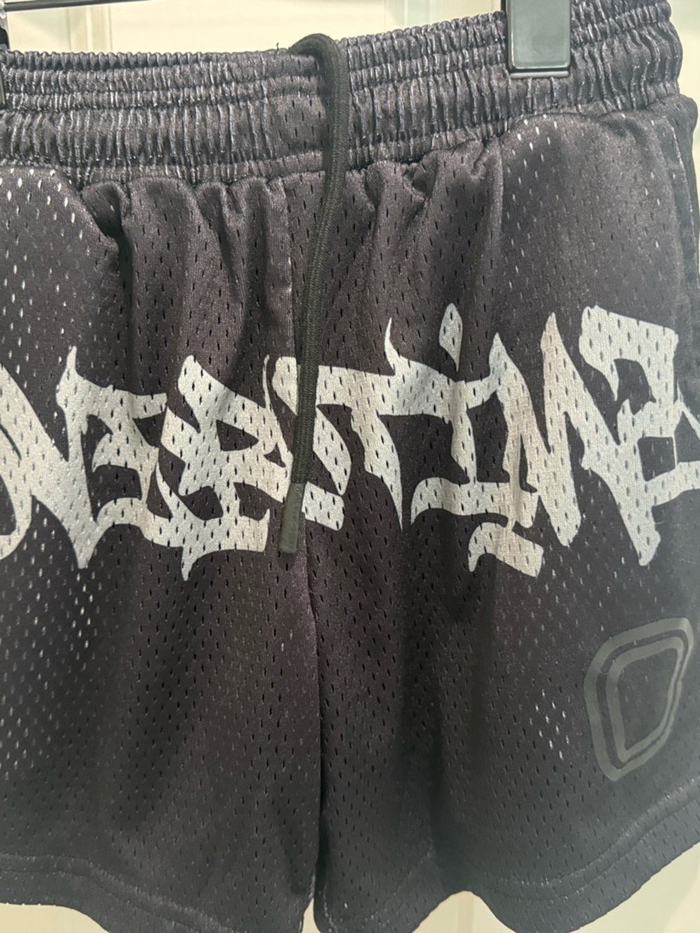 Overtime - Black Mesh Graphic Drawstring Shorts - White Graffiti Print